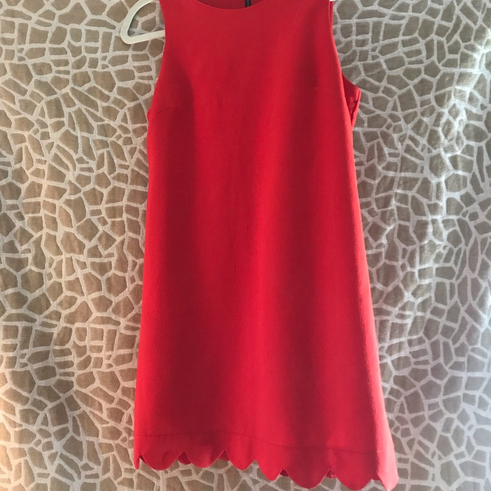 Red, scalloped shift dress